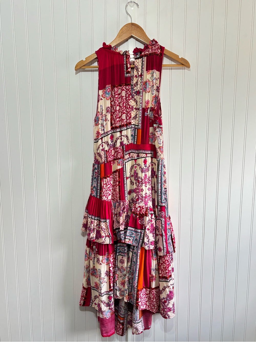 Lapis Patchwork Boho Tiered Ruffle Midi Dress Pink Floral Size Large - Picture 8 of 16